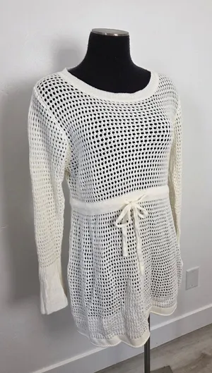 Ivory Cream Loose Knit Swim Cover Up Long Sleeve Sheer Cottagecore Beach Boho L thumbnail 1