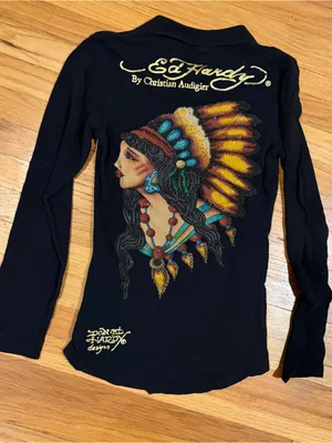 Ed Hardy Women’s M Medium Black Button Polo Long Sleeve Rhinestone Angel Shirt thumbnail 5