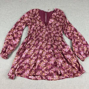 Free People Dress Womens Small Purple Floral Smocked Fit Flare Mini Long Sleeve‎ thumbnail 1
