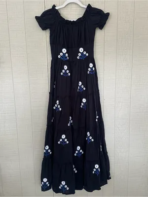 Madison Matthews Navy floral Maxi tiered long Dress short puff sleeves size XS thumbnail 2