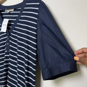 NEW LOFT Women Cotton‎ Knit Top Large Navy White Striped Henley Preppy Coastal thumbnail 5