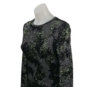 Zara Black Green Camo Sequin Sparkly Long Sleeve Crew Neck Mini Bodycon Dress M thumbnail 2