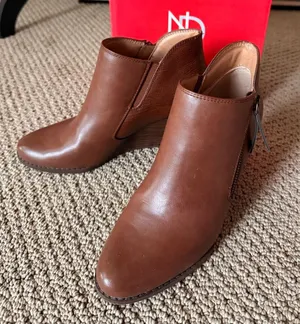 new directions Cognac Brown Vegan Leather Ankle Wedge Booties with Side Zip thumbnail 1