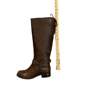SODA Brown Knee High Faux Leather Rear Lacing Boots NIB - Size 6 thumbnail 15