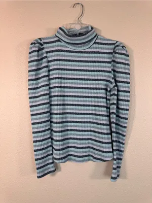 Maeve Anthropologie Blue Striped Puff Shoulder Turtleneck Sweater Womens M Top thumbnail 13