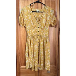 Billabong Twirl Twist Women's XS Mustard Yellow‎ Floral Button Down Mini Dress thumbnail 3