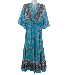 Women's Free Size Turquoise Boho Maxi Dress V-Neck Tassel Tie Kimono Sleeve‎ thumbnail 2
