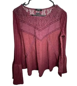 Miss Me Maroon Long Sleeve Thermal T-Shirt With Embroidered Flowers thumbnail 1