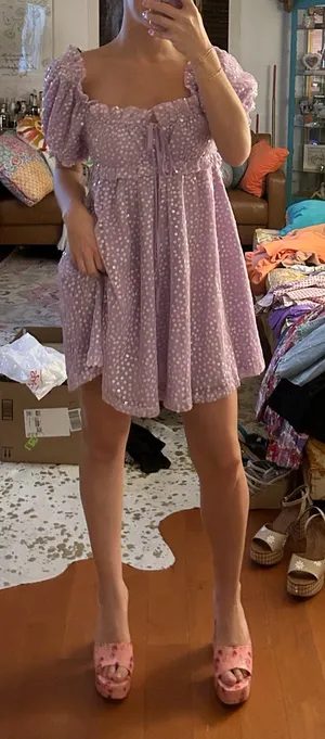 Buddy Love “Jac Puff” Sequin Purple Dress | M | Like-new Lavender Floral Overlay thumbnail 2