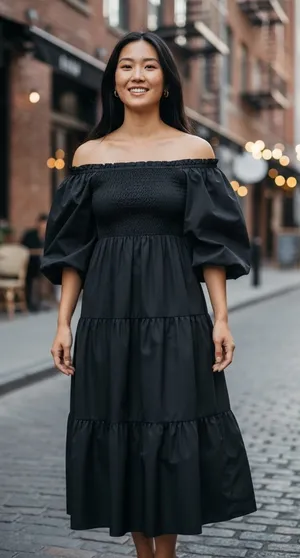THML Black Puff Sleeve Tiered Midi Dress‎ Ruffle Off Shoulder Party thumbnail 1