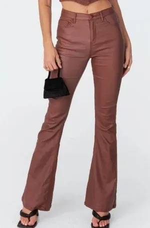 Edikted Luna Faux Leather Flared Jeans Small Brown Retro Fall thumbnail 1