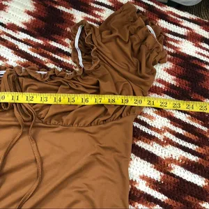 2000s Brown Whimsygoth Coquette Sweetheart Ruched bust Babydoll Bow Tie Front Top Shirt Blouse Short Sleeve Ruffle #Y2K #Whimsigoth #fairy Measurement in pics (has stretch) thumbnail 3