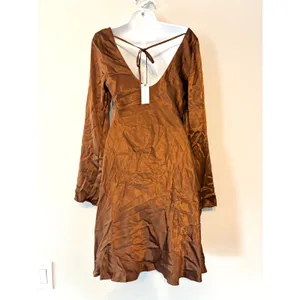Anthropologie Long Sleeve Silky Satin Cowl Neck Bell Sleeve Mini Dress Brown M thumbnail 9