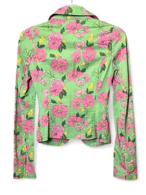 Tommy Hilfiger Y2K Green & Pink Floral Blazer W/Tie Waist Sz XS thumbnail 3