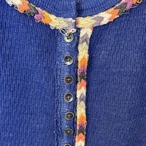 Free People Royal Blue Rainbow Embroidered Henley Thermal Top‎ Boho Small thumbnail 5