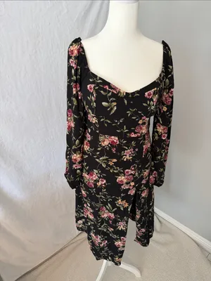 Forever 21 Black Floral Long-Sleeve Midi Dress with Pink Roses thumbnail 2