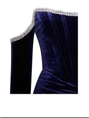 Navy Velvet Off Shoulder Corset Dress With Crystal Trim thumbnail 9