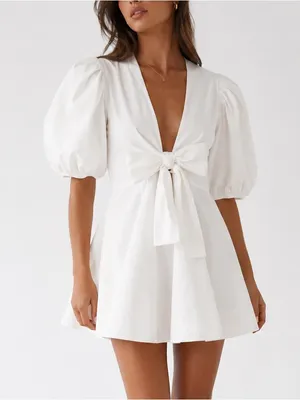 Choosy White Puff Sleeve Tie Front Cottagecore BohoSummer Vacation Mini Dress thumbnail 10