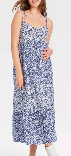 Nines by Hatch Tiered Blue Floral Maxi Dress with Tie Straps Size Large thumbnail 1
