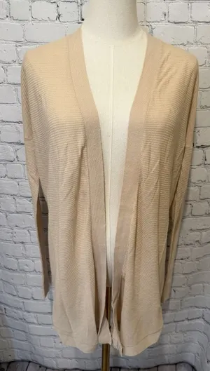 LOFT ribbed open-front cardigan sweater in a neutral tan or light beige medium thumbnail 1