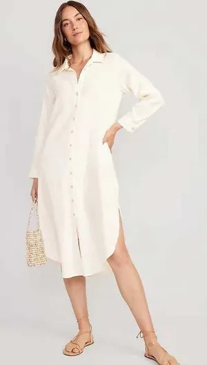 Old Navy Linen Blend Shirt Dress White Women Small Tall Long Sleeve Minimalist thumbnail 1