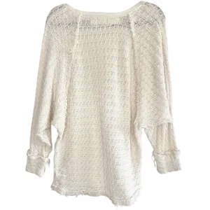 We The Free People Thien Hacci Ivory Textured Knit Fringe V-Neck Oversized Small thumbnail 2