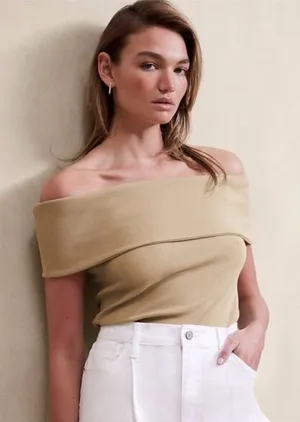 Banana Republic Off Shoulder Ribbed Top Beige NWT Medium thumbnail 1