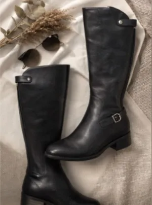 Born Black Leather Knee High Riding Boots Buckle Side Zip Women’s 6.5 thumbnail 1