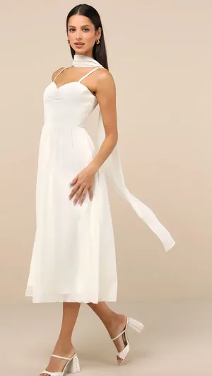 NEW Lulus Irresistibly Darling Ivory Chiffon Midi Dress and Scarf Set Large thumbnail 1