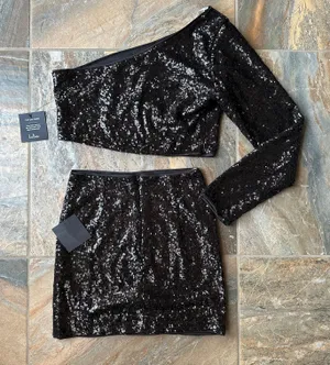 Jackpot Black Sequin One-Shoulder Two-Piece Mini Dress NWT Size Medium thumbnail 9