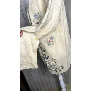 Vintage 80s Crystal Kobe Floral Embroidered‎ Knit Cardigan Beige Women's Medium thumbnail 6