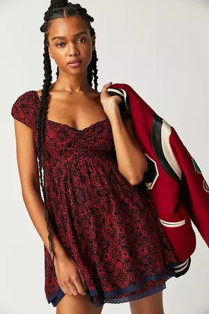 FREE PEOPLE Tabitha Smocked Mini Dress MEDIUM Red Navy Blue Floral thumbnail 1