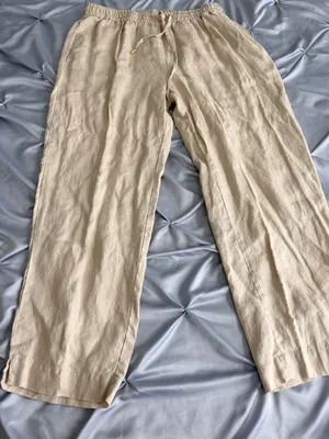 Relaxed Wide-Leg Linen Blend Pants in Beige thumbnail 1