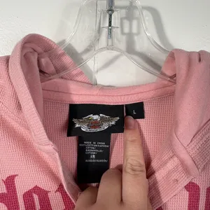Vintage Y2K Harley Davidson Pink Hooded Thermal Long Sleeve Henley Top Grunge L thumbnail 3