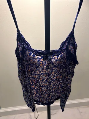 Makeup Forever Navy Floral Satin Lace-Trim Chemise thumbnail 3