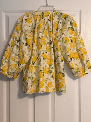 NWOT H&M White Lemon 3/4 Raglan Balloon Sleeved Poplin Cotton Citrus Blouse XS thumbnail 4