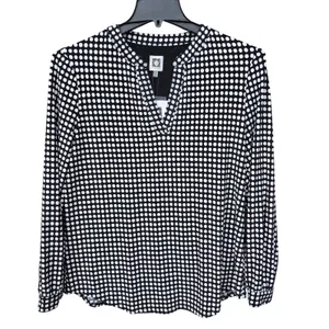 Anne Klein NWT Womens Polka Dot Split Neck Long Sleeve Blouse Black White Size M thumbnail 2