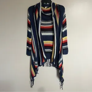 Billabong Women Fringe Cardigan Sweater Med Longline Colorful‎ Stripe Boho Open thumbnail 2