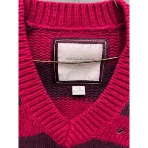 Y2K American Eagle Womens Pink Purple Striped V-Neck Chunky Knit‎ Sweater Small thumbnail 4