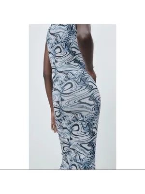 ZARA Marble-Print Sleeveless Midi Dress in Blue and White thumbnail 7