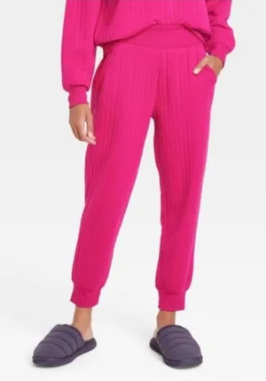 A New Day Womens Ribbed Knit High Waisted Jogger Pants -‎ Magenta Medium thumbnail 1