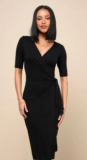 Lulus Forget Me Knot Black Midi Wrap Dress Stretch Jersey Knit Casual Medium NWT thumbnail 1