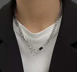 Titanium Steel Artificial Black Gem Ring Pendant Necklace for Men Women thumbnail 1