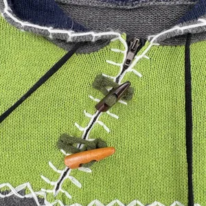 Hooded Sweater Gray Green Color Block Pocket Beads Toggle Button Boho Asymmetric thumbnail 7