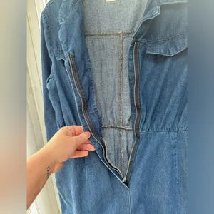 NWOT Rare ASOS Denim Jean Jumpsuit Romper with front zipper and button detail thumbnail 10