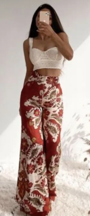 ZARA Womens Pants Red Floral Wide Leg Linen Blend Pleated Trouser Boho Small thumbnail 1
