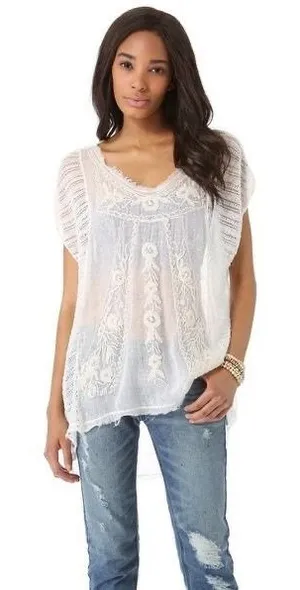 Free People‎ White Embroidered Mesh Knit Oversized Boho V-Neck Top Medium thumbnail 1
