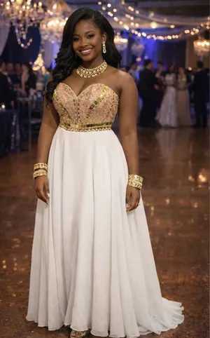 Gold and White Strapless Gown fits about a size 11/12 thumbnail 1