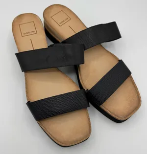 Dolce Vita Paci Black Leather Double Strap wood Wedge Sandals boho chic size 9.5 thumbnail 1