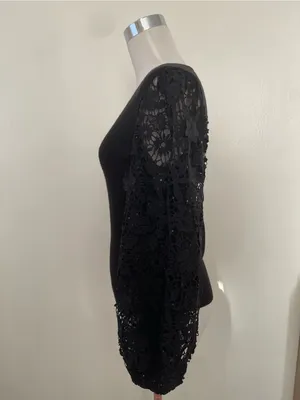 French Connection Black Ribbed Sweater Top with sheer embroidery sleeves thumbnail 2